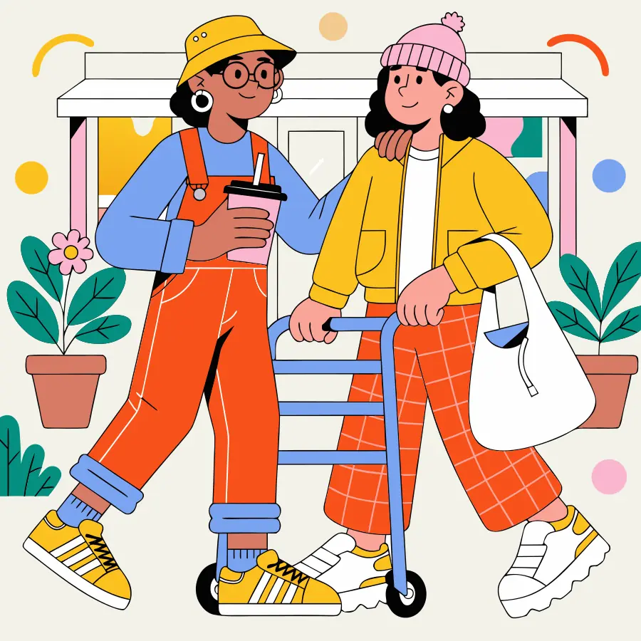 Two people out together in the local community, walking past neighbourhood shops.