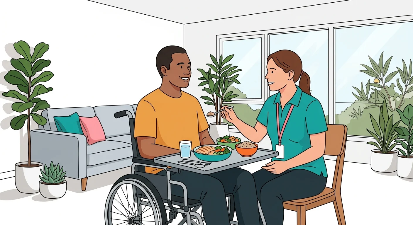 A support worker and a participant preparing food together at home, building everyday living skills.