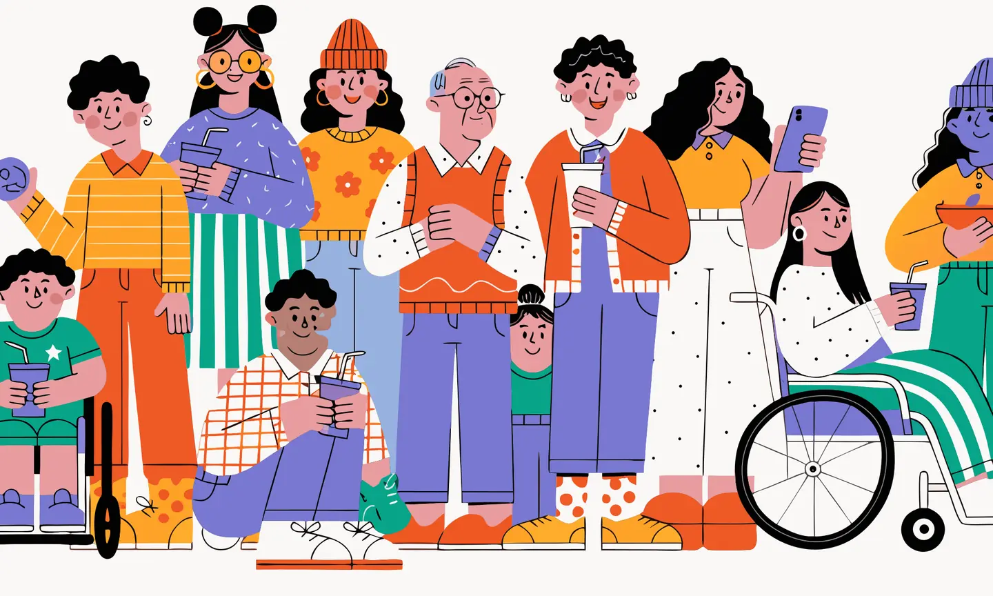 Illustration of a diverse group of people of different ages and abilities, including a wheelchair user, standing together.